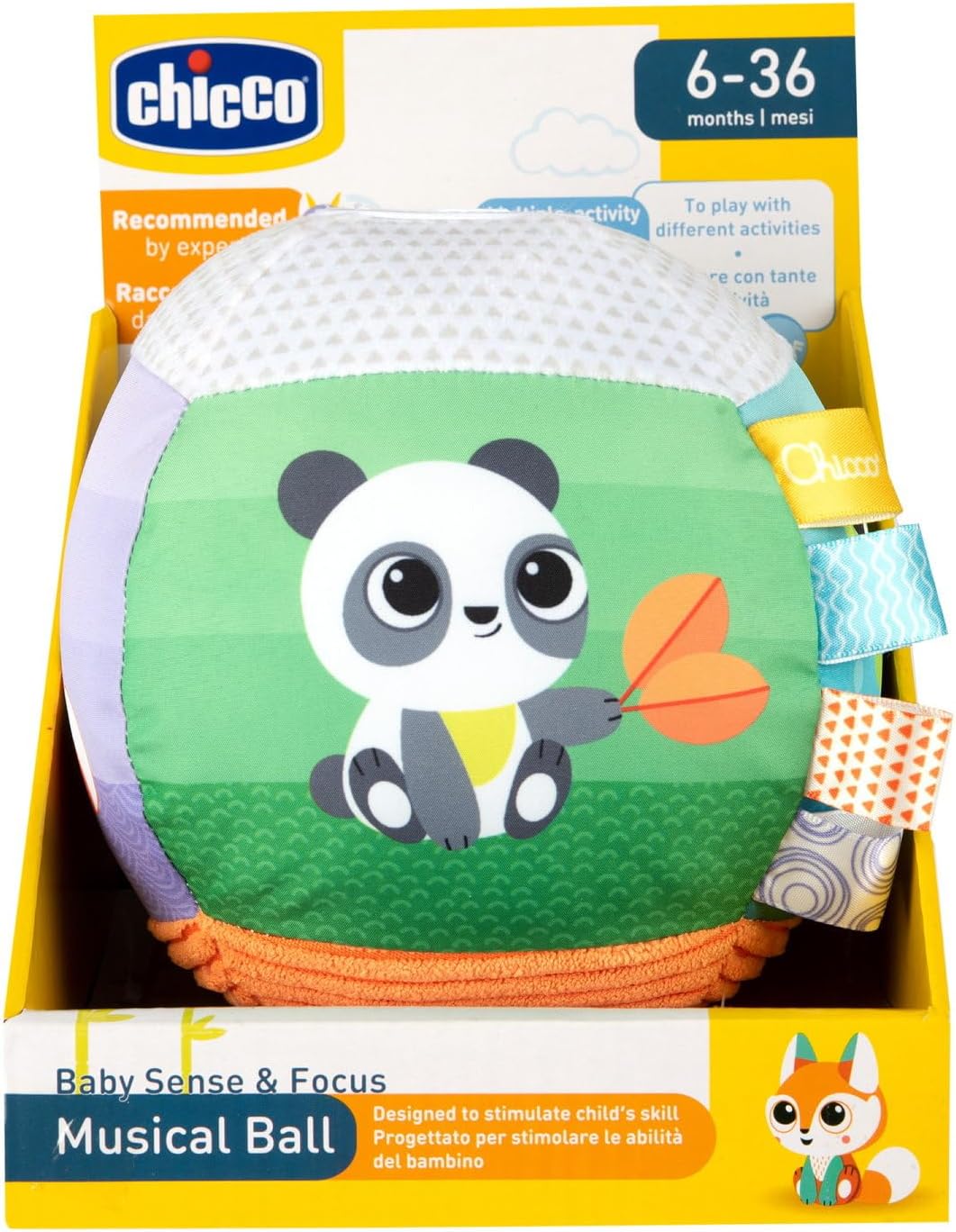 Chicco Electronic Music Ball, Melodies and Sounds, Soft Ball with Fabrics and Labels, for Corching, Light Game Mirror, Washing Machine, Kids Games 3 Months, 3 Years