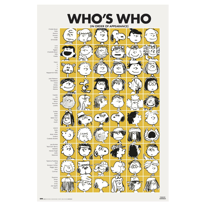 Grupo Erik: Poster Snoopy Who’s Who/Peanuts, Personaggi Snoopy - poster da parete ufficiale / 91,5 x 61 cm, incorniciabile - poster decorativo vintage