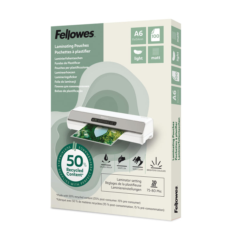 Fellowes Fundas plastificar A6, pack de 100, acabado mate, uso ocasional 75/80 micras, 50% contenido reciclado, fundas plastificar para profesores y oficinas