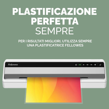 Fellowes Fundas plastificar A6, pack de 100, acabado mate, uso ocasional 75/80 micras, 50% contenido reciclado, fundas plastificar para profesores y oficinas