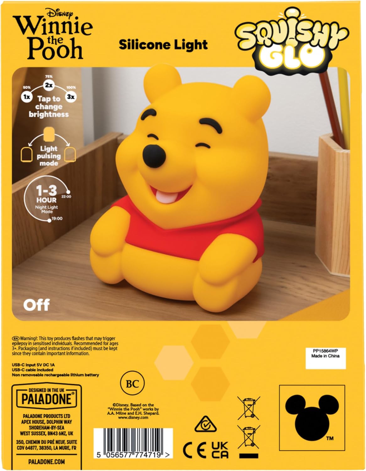 Paladone Disney Winnie the Pooh SquishyGlo Rechargeable Silicone Night Light, 15.5cm, 1–3 Hour Timer, 3 Brightness Levels, Officially Licensed