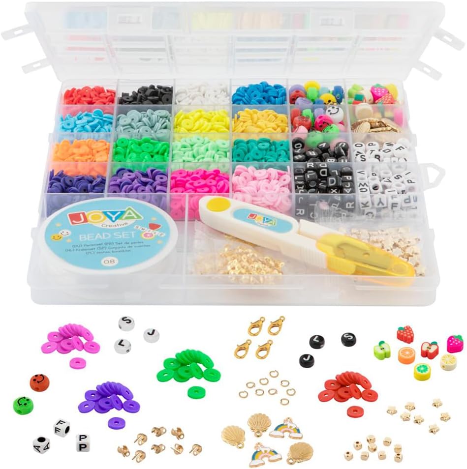 Joya Creative Clay Beads Bracelet Kit 4550+ | Fimo Beads Set | Bracelet Making for Girls | Katsuki - Smileys - Letter Beads - Charms - Fruit Beads - Includes Elastic Thread