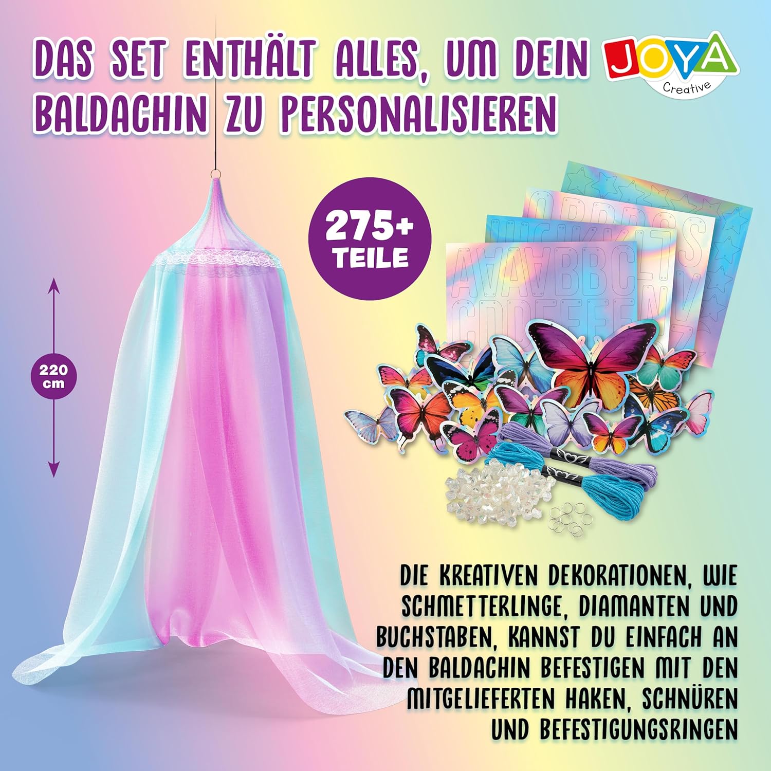 Bedhemel zelf vormgeven – 275-delige doe-het-zelfset met vlinders, diamanten en letters – droomhemel voor kinderkamer – muggennet, baldakijn, decoratie voor meisjes