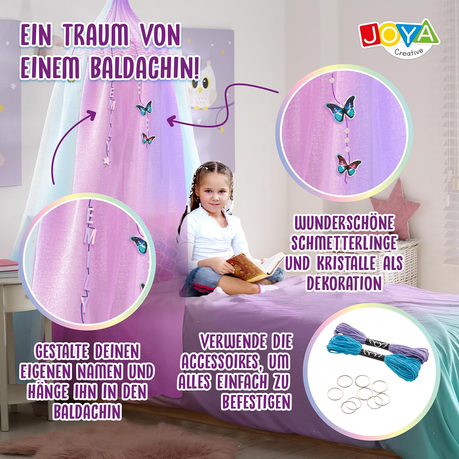 Bedhemel zelf vormgeven – 275-delige doe-het-zelfset met vlinders, diamanten en letters – droomhemel voor kinderkamer – muggennet, baldakijn, decoratie voor meisjes