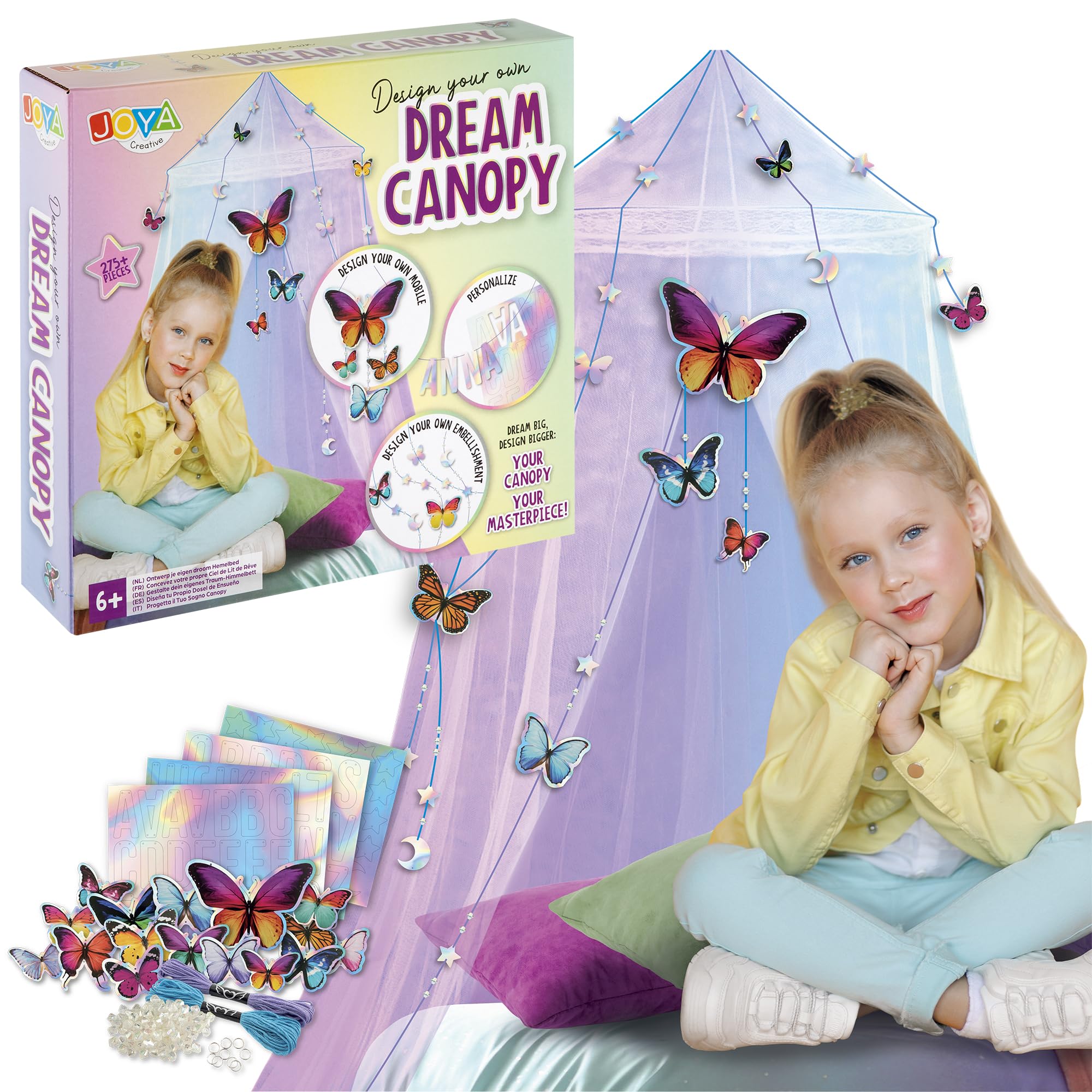 Bedhemel zelf vormgeven – 275-delige doe-het-zelfset met vlinders, diamanten en letters – droomhemel voor kinderkamer – muggennet, baldakijn, decoratie voor meisjes