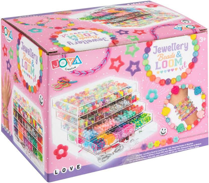 Mega Jewellery Set for Girls - 3000+ Beads and Loom Ribbons - With Letter Beads, Pastel Colours, Smileys & Beads - Includes Loom Bracelets & Storage Box with 5 Drawers