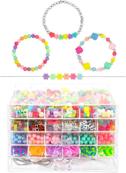 Mega Jewellery Set for Girls - 3000+ Beads and Loom Ribbons - With Letter Beads, Pastel Colours, Smileys & Beads - Includes Loom Bracelets & Storage Box with 5 Drawers