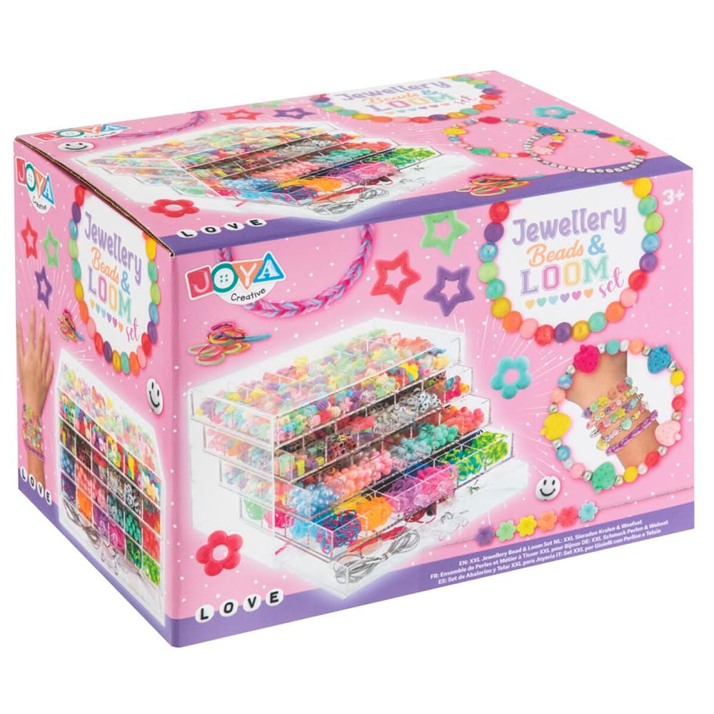 Mega Jewellery Set for Girls - 3000+ Beads and Loom Ribbons - With Letter Beads, Pastel Colours, Smileys & Beads - Includes Loom Bracelets & Storage Box with 5 Drawers