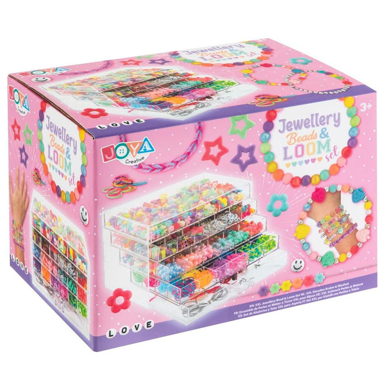 Mega Jewellery Set for Girls - 3000+ Beads and Loom Ribbons - With Letter Beads, Pastel Colours, Smileys & Beads - Includes Loom Bracelets & Storage Box with 5 Drawers