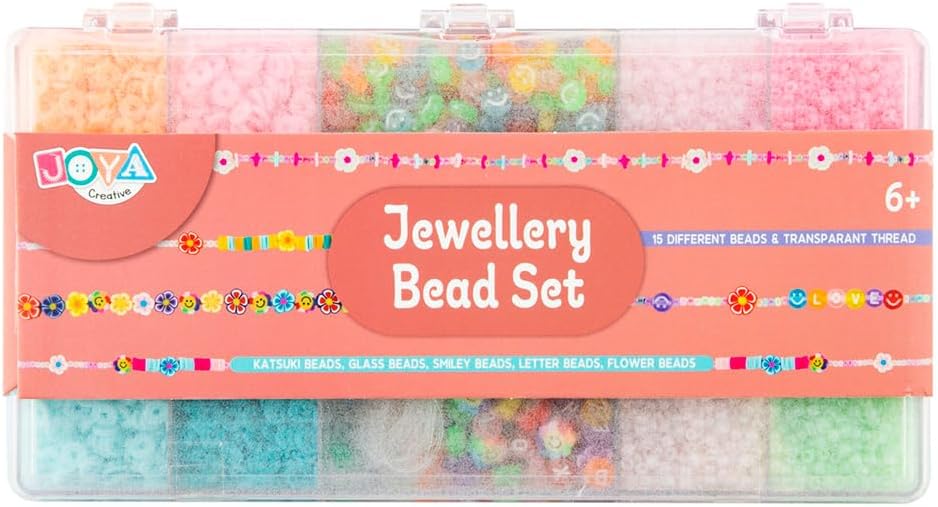 Jewelry Making Set – Beads Set for Kids and Adults – 15 Different Beads & Transparent Beading Wire – Katsuki Beads, Glass Beads, Smiley Beads, Letter Beads, Floral Beads – Bracelets