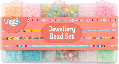 Jewelry Making Set – Beads Set for Kids and Adults – 15 Different Beads & Transparent Beading Wire – Katsuki Beads, Glass Beads, Smiley Beads, Letter Beads, Floral Beads – Bracelets
