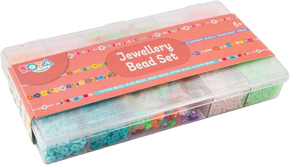 Jewelry Making Set – Beads Set for Kids and Adults – 15 Different Beads & Transparent Beading Wire – Katsuki Beads, Glass Beads, Smiley Beads, Letter Beads, Floral Beads – Bracelets