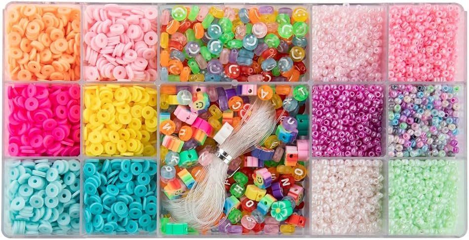 Jewelry Making Set – Beads Set for Kids and Adults – 15 Different Beads & Transparent Beading Wire – Katsuki Beads, Glass Beads, Smiley Beads, Letter Beads, Floral Beads – Bracelets