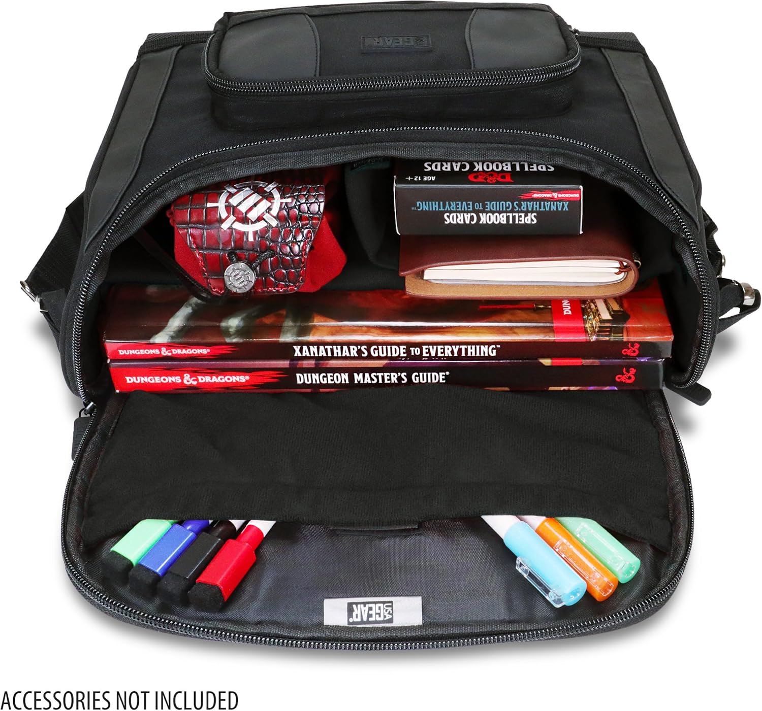 USA Gear Kompakte Reisetasche kompatibel mit Dungeons & Dragons Zubehör - Kleine DND Tasche für RPG Spieler mit Platz für Player’s Handbook, Charakterbögen, Würfel, Marker & Mini-Ausrüstung (Schwarz