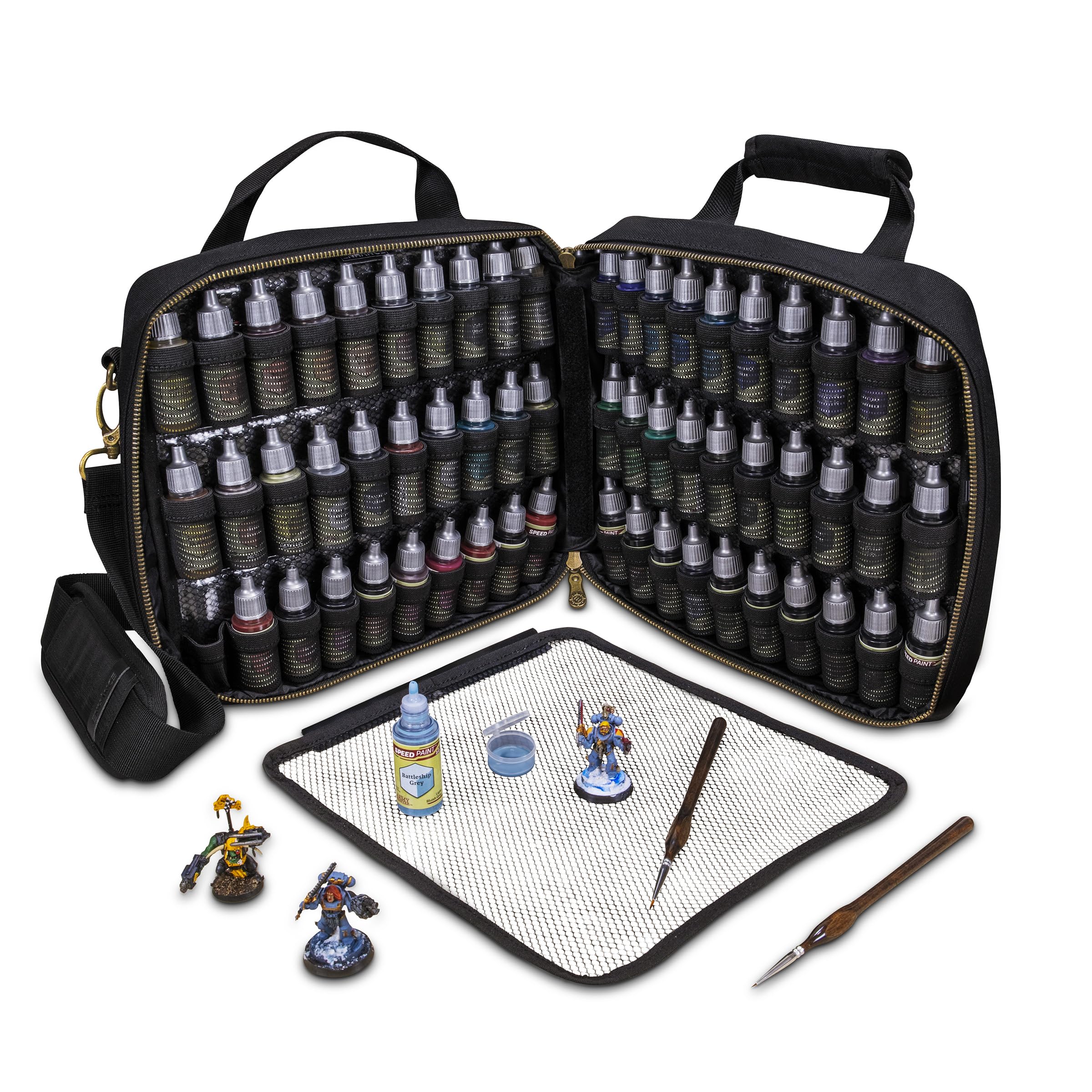 ENHANCE Custodia per Pittura Miniature - Valigetta con Slot per 60 Flaconi e 16 Pennelli, Organizer con Display a Galleria per Colori, Tracolla Comoda, Tappetino Lavabile e Superficie Facile da Pulire