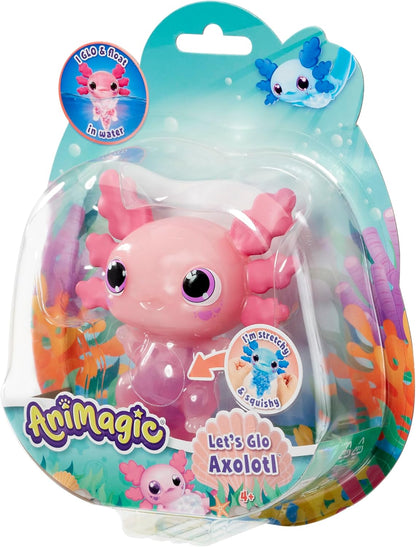 Animagic - Let's Glo Axolotl Roze, Elektronisch en Verlicht Huisdier Voor Kinderen Vanaf 4 Jaar, Zintuiglijke speel- en aanraakervaring, Uitrekbaar lichaam, Drijft en gloeit in water