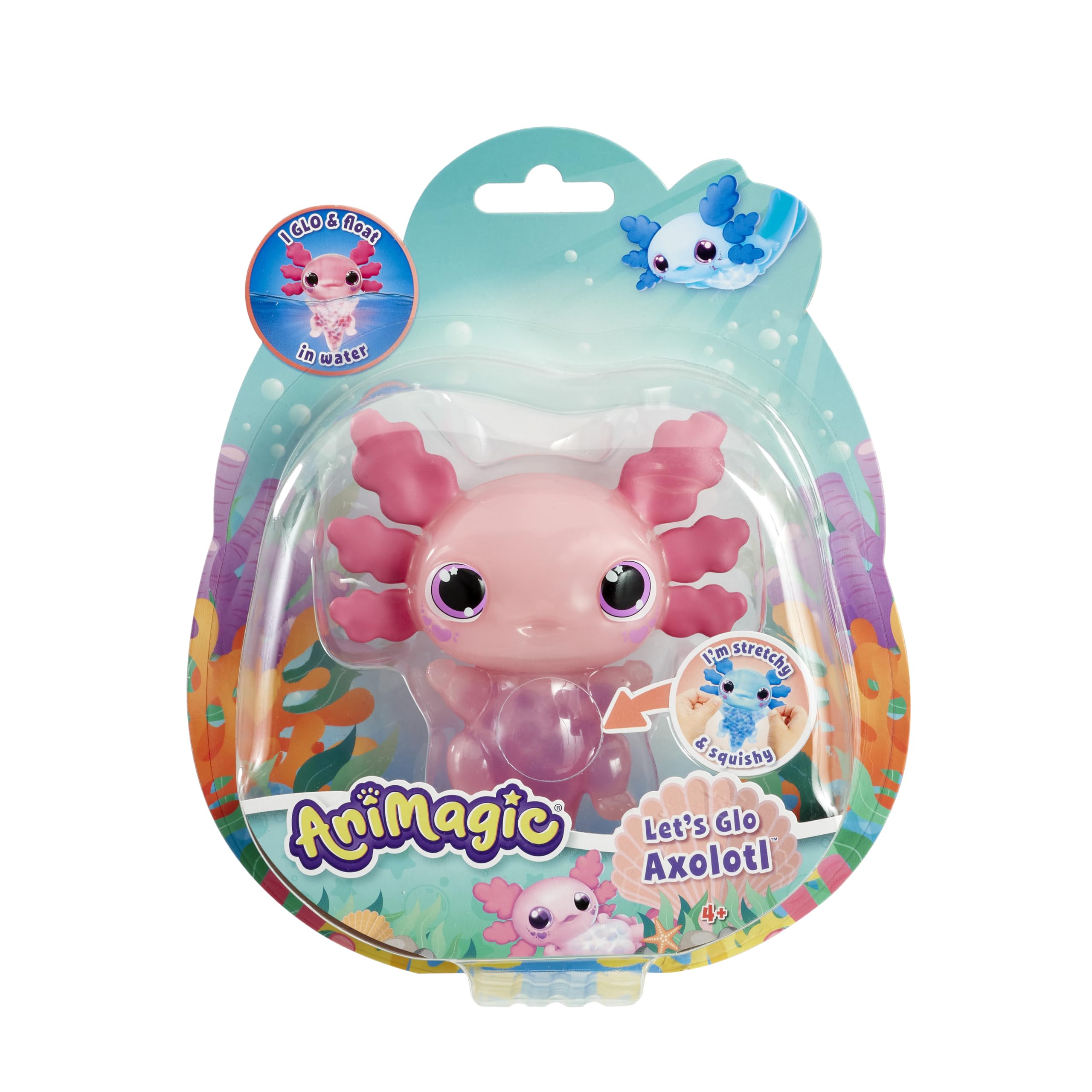 Animagic - Let's Glo Axolotl Roze, Elektronisch en Verlicht Huisdier Voor Kinderen Vanaf 4 Jaar, Zintuiglijke speel- en aanraakervaring, Uitrekbaar lichaam, Drijft en gloeit in water