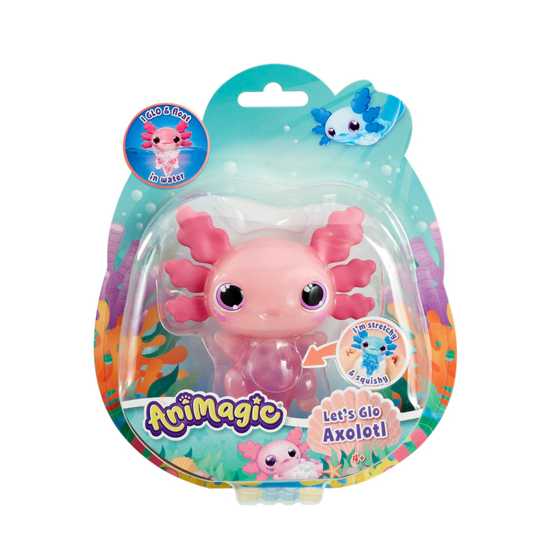 Animagic - Let's Glo Axolotl Roze, Elektronisch en Verlicht Huisdier Voor Kinderen Vanaf 4 Jaar, Zintuiglijke speel- en aanraakervaring, Uitrekbaar lichaam, Drijft en gloeit in water