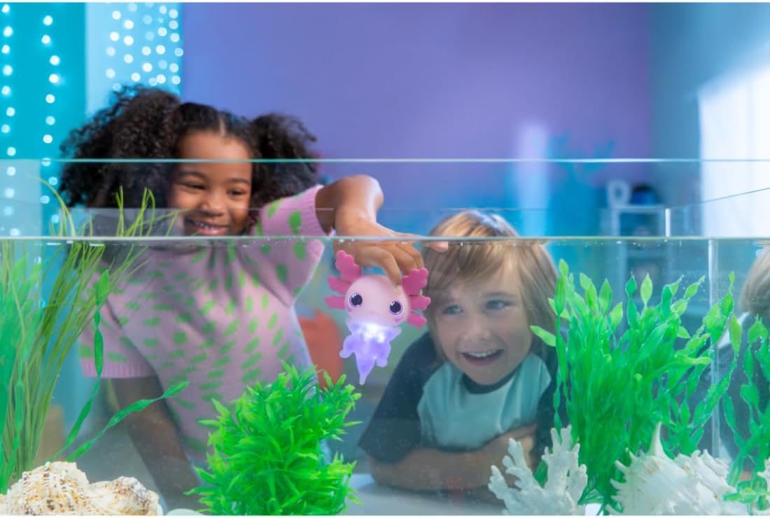 Animagic - Let's Glo Axolotl Roze, Elektronisch en Verlicht Huisdier Voor Kinderen Vanaf 4 Jaar, Zintuiglijke speel- en aanraakervaring, Uitrekbaar lichaam, Drijft en gloeit in water