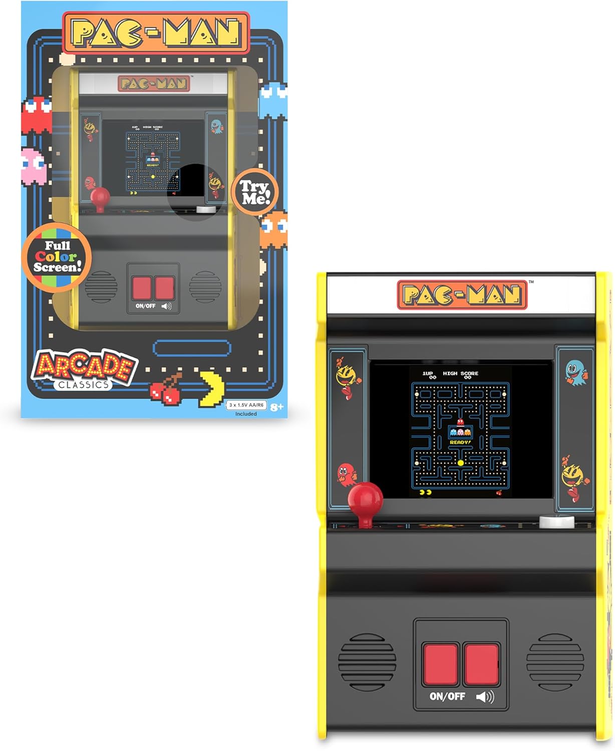 Basic Fun Pac-Man™ Mini Arcade Game Machine, Retro Klassieke Elektronische Speelgoed met Nieuw TFT Kleurenscherm, Authentieke Miniatuur Replica, Perfect voor Alle Leeftijden