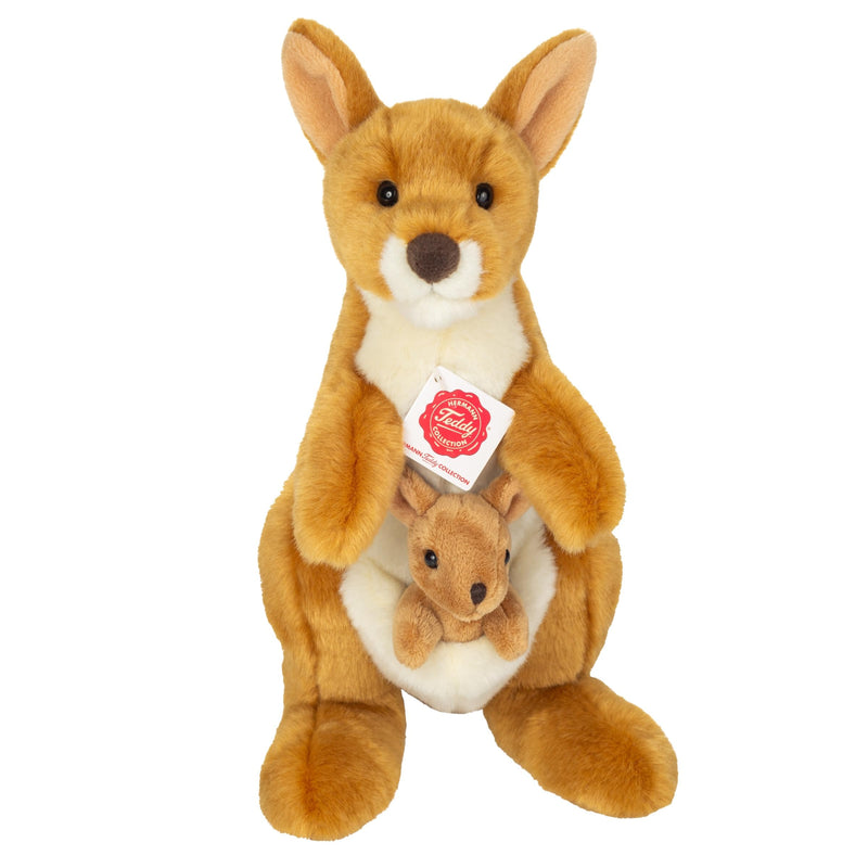 Teddy Hermann 91633 Kangoeroe met baby 30 cm, knuffeldier, pluche dier met gerecyclede vulling