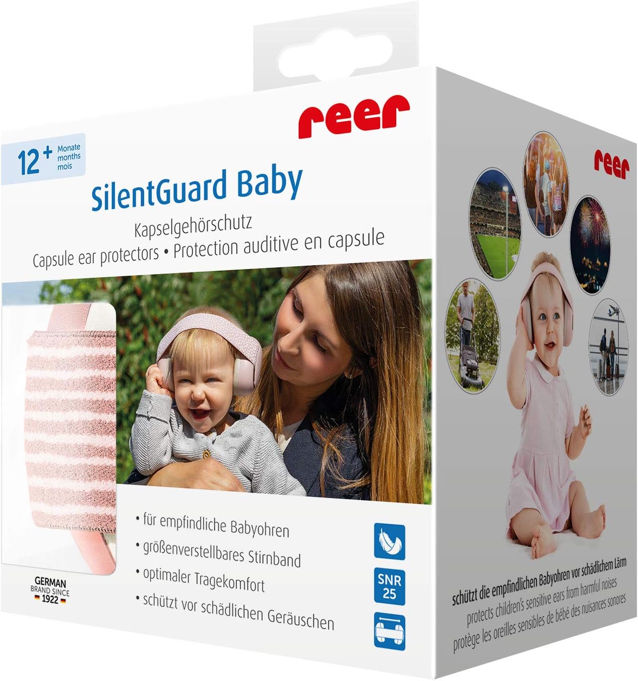 Reer SilentGuard, gehoorbescherming voor baby's, bijzonder zacht en licht voor het gevoelige babyhoofd, meegroeiend, roze