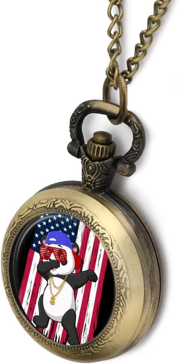 Dabbing Panda with American Flag Alloy Clock Vintage Pocket Watch Cute Hang Watches Pendent Necklace