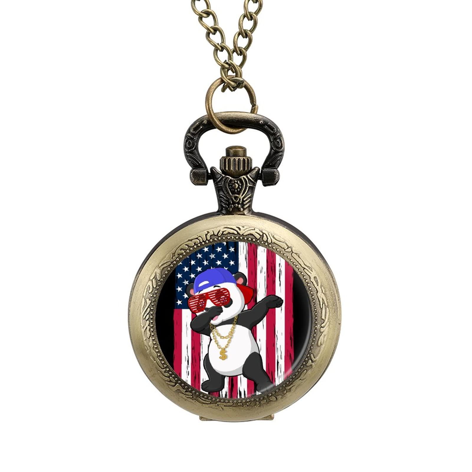 Dabbing Panda with American Flag Alloy Clock Vintage Pocket Watch Cute Hang Watches Pendent Necklace