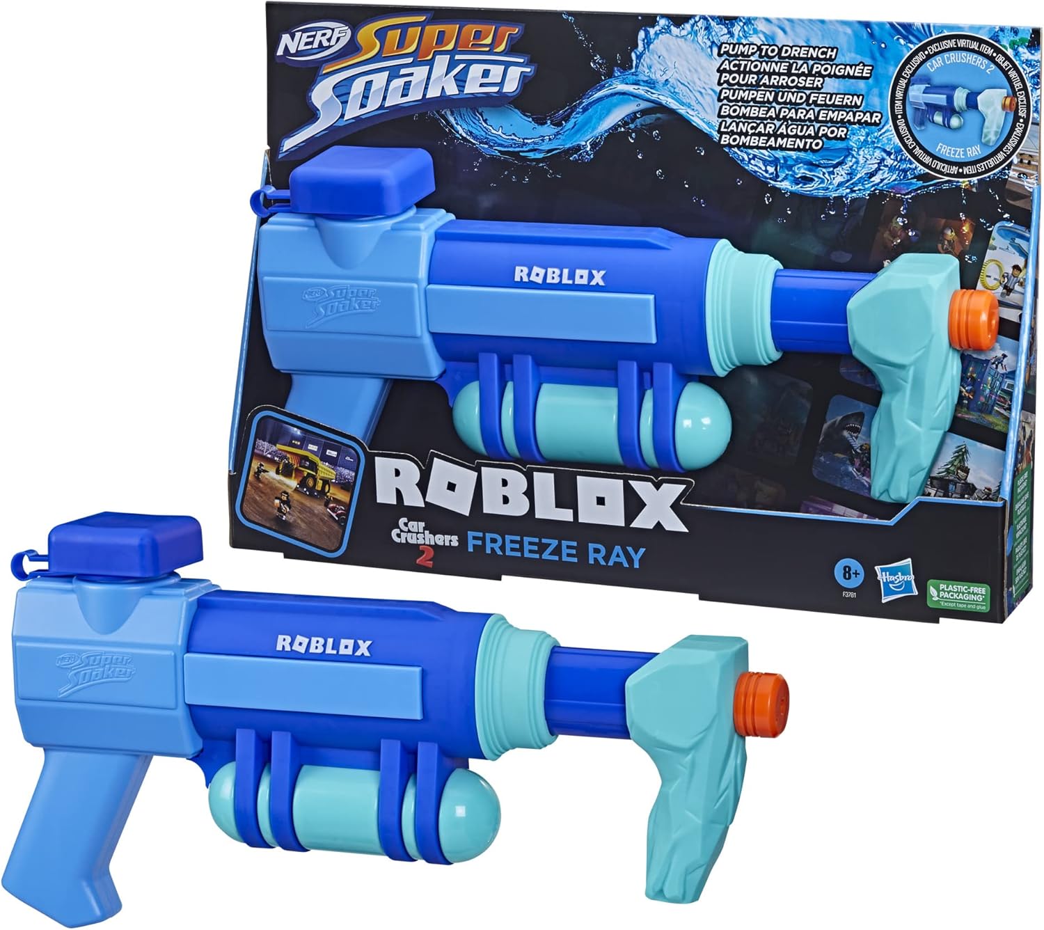 Super Soaker Nerf Roblox Car Crushers 2: Freeze Ray Water Blaster, Includes Code to Redeem Exclusive Virtual Item, Pump Action Soakage F3781 Multi-Coloured