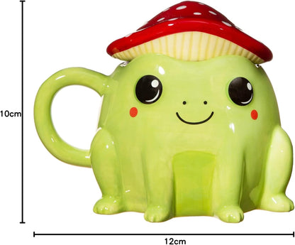 Sass & Belle Frog Mug with Mushroom Lid – Cute 300ml Ceramic Mug with Red & White Toadstool Cover, for Tea or Coffee, Fun Mushroom Cup Gift, Kawaii Animal, Ideal for Home or Office