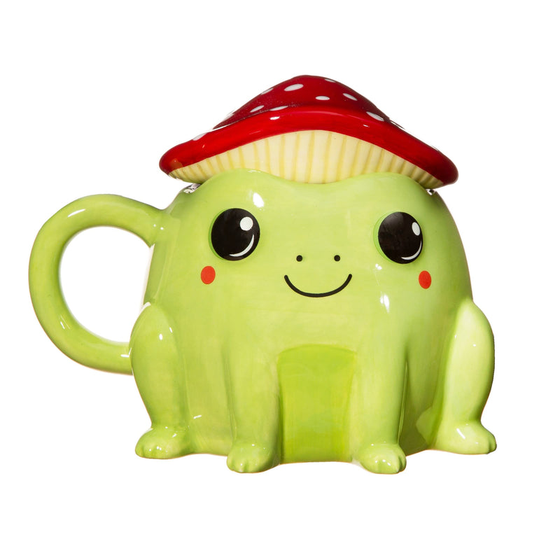 Sass & Belle Frog Mug with Mushroom Lid – Cute 300ml Ceramic Mug with Red & White Toadstool Cover, for Tea or Coffee, Fun Mushroom Cup Gift, Kawaii Animal, Ideal for Home or Office