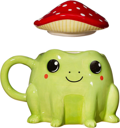 Sass & Belle Frog Mug with Mushroom Lid – Cute 300ml Ceramic Mug with Red & White Toadstool Cover, for Tea or Coffee, Fun Mushroom Cup Gift, Kawaii Animal, Ideal for Home or Office