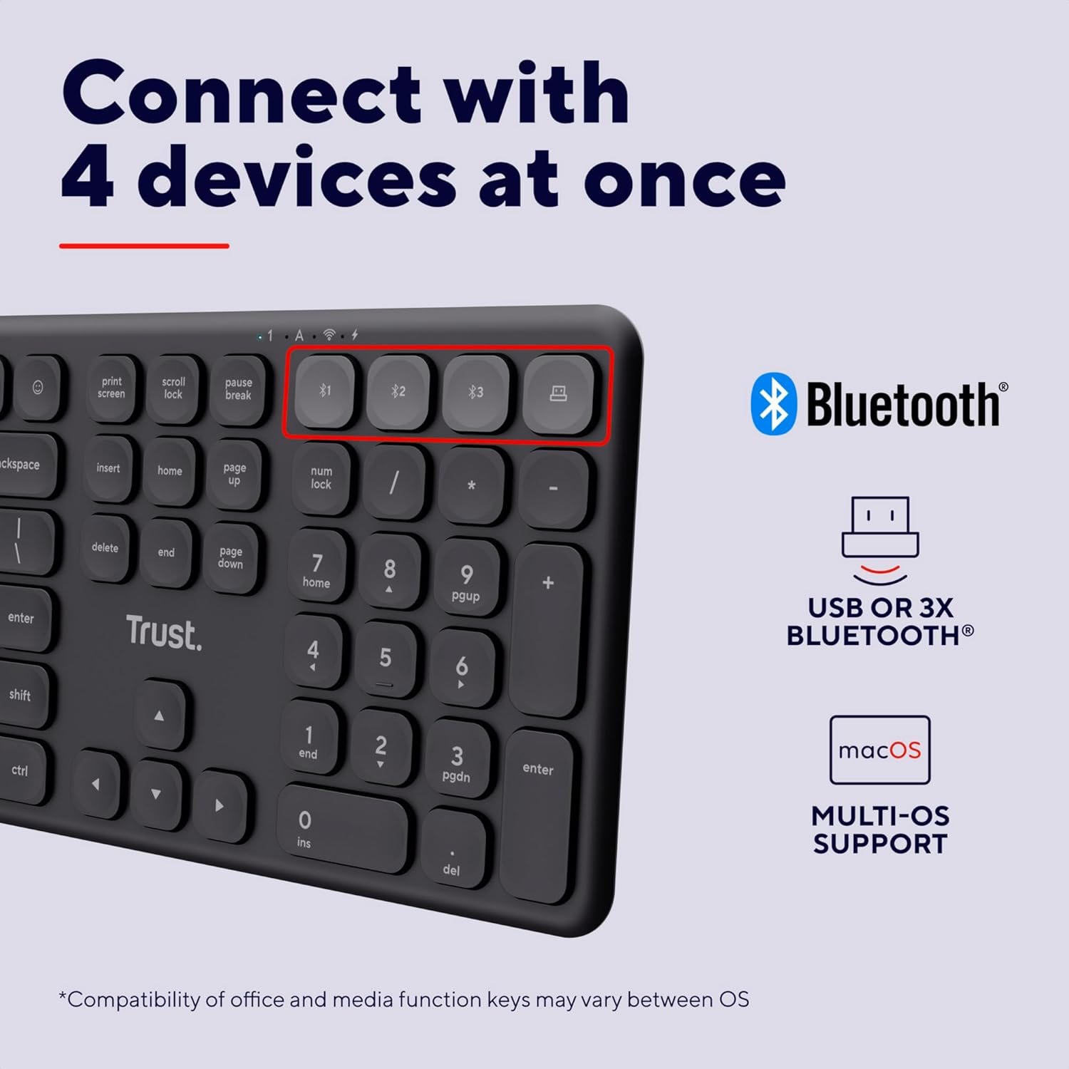 Trust Vaiya Wireless Keyboard Bluetooth + 2.4 GHz QWERTY UK Layout, Multi-device Bluetooth Keyboard with Numpad, Rechargeable Battery, 55% Recycled Plastics, Windows iOS iPadOS macOS Android, Black
