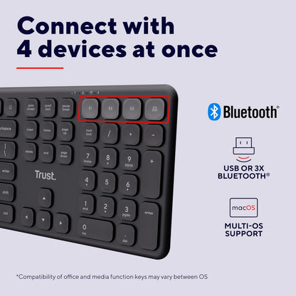 Trust Vaiya Wireless Keyboard Bluetooth + 2.4 GHz QWERTY UK Layout, Multi-device Bluetooth Keyboard with Numpad, Rechargeable Battery, 55% Recycled Plastics, Windows iOS iPadOS macOS Android, Black