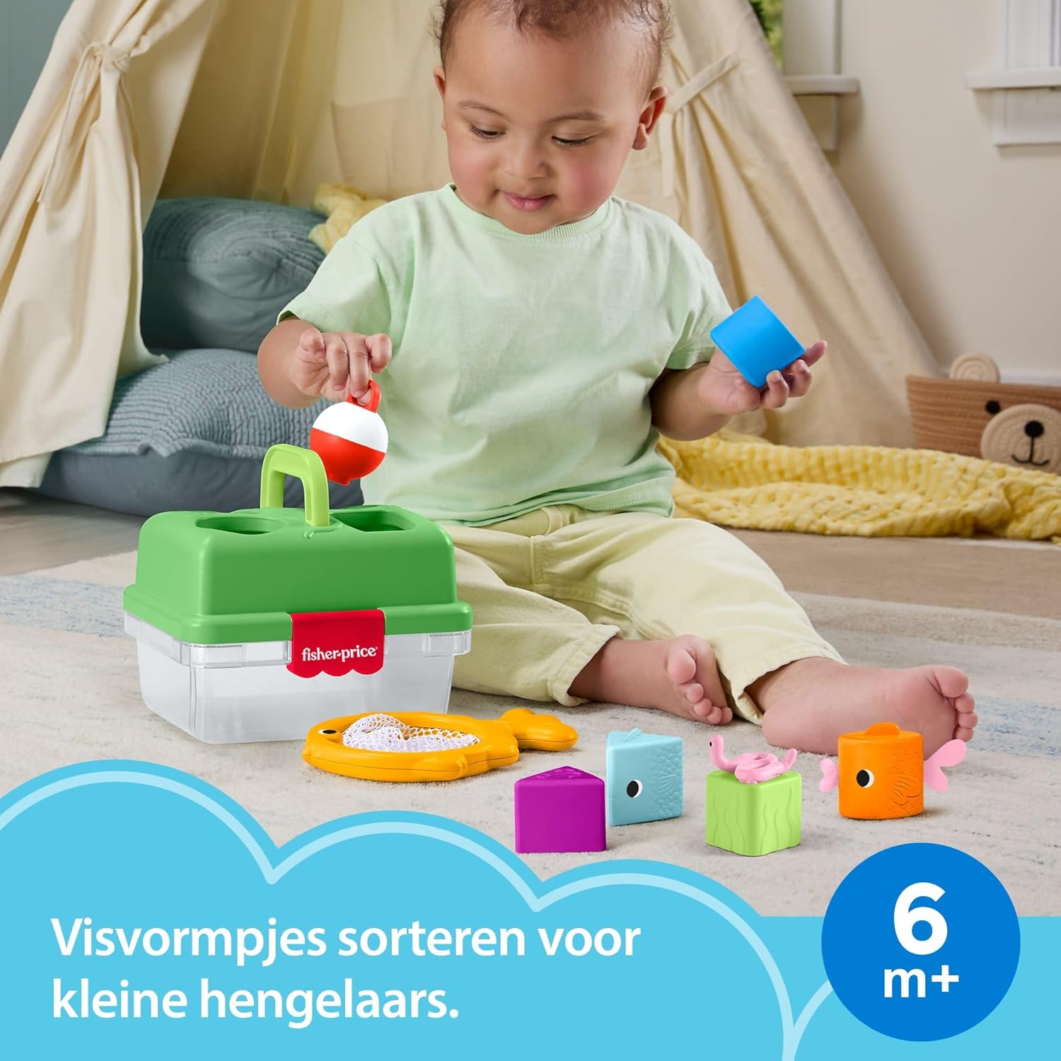 Fisher-Price Babyspeelgoed, Vriendschapsbos Tacklebox, sorteeractiviteit met visnet en 6 blokken voor baby's vanaf 6 maanden, JLB85