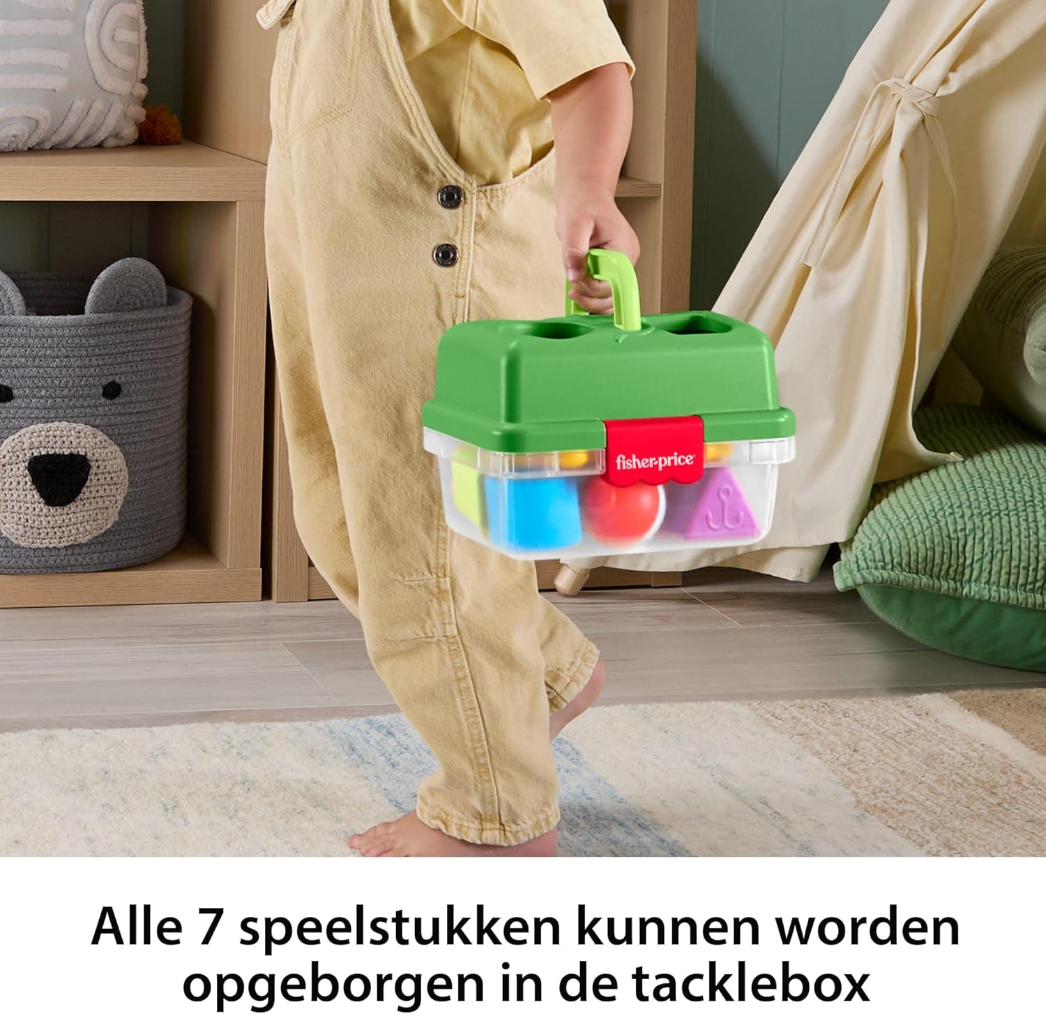 Fisher-Price Babyspeelgoed, Vriendschapsbos Tacklebox, sorteeractiviteit met visnet en 6 blokken voor baby's vanaf 6 maanden, JLB85