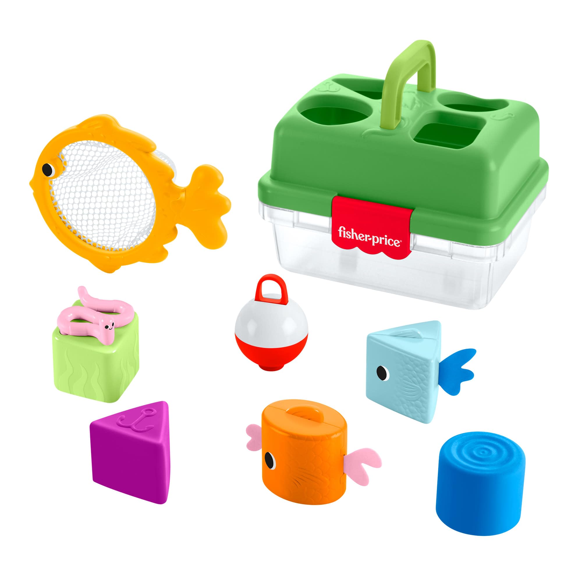 Fisher-Price Babyspeelgoed, Vriendschapsbos Tacklebox, sorteeractiviteit met visnet en 6 blokken voor baby's vanaf 6 maanden, JLB85