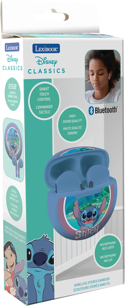Lexibook, Disney Stitch, Draadloze stereooordopjes, Hoge geluidskwaliteit, Geïntegreerde microfoon, Slimme aanraakbediening, Oplaadetui, Geluidsniveau beperkt tot 85 dB, Blauw, HPBT05D