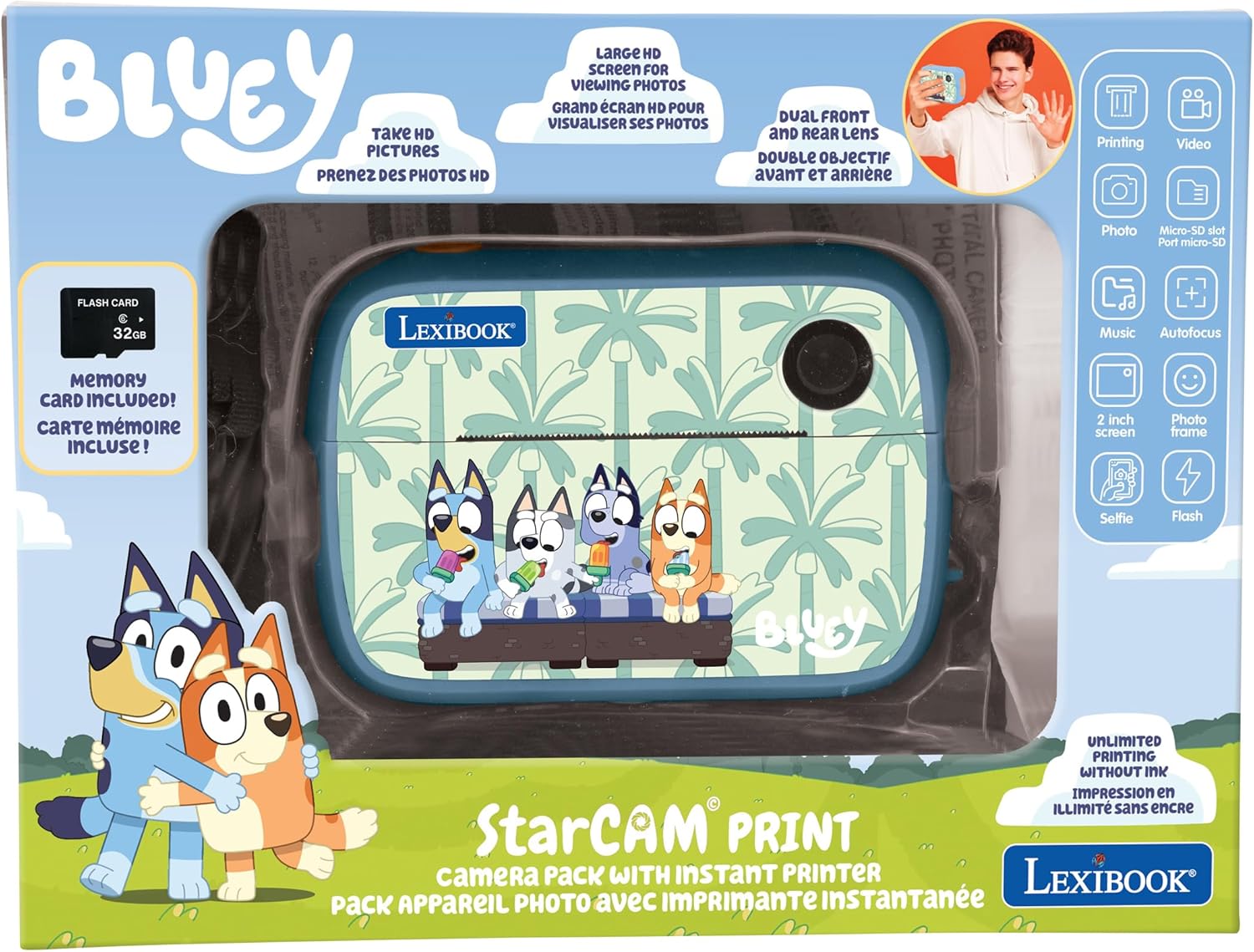 Lexibook, Bluey, StarCAM Print-camera met instant printer, foto- en videofuncties, 32 GB micro-SD-kaart en fotoaanpassingsset, DJ150BY