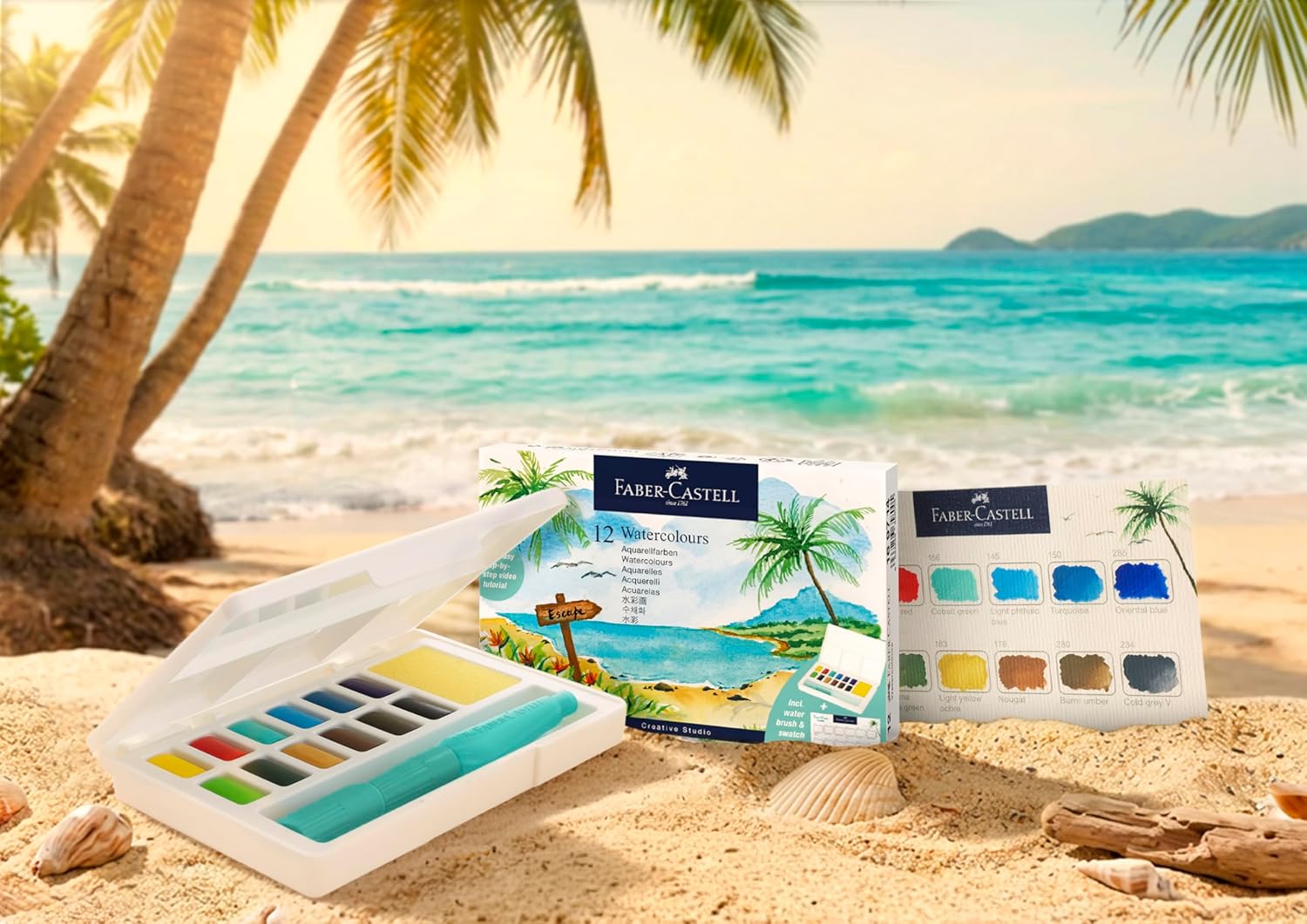 Faber-Castell Creative Studio Aquarel 12 Pan Set + Borstel, Tropisch Ontwerp, Kunst, Schilderij, Thuis, Kantoor, Kunststudio, Kunstenaar Benodigdheden, Cadeau, Cadeau