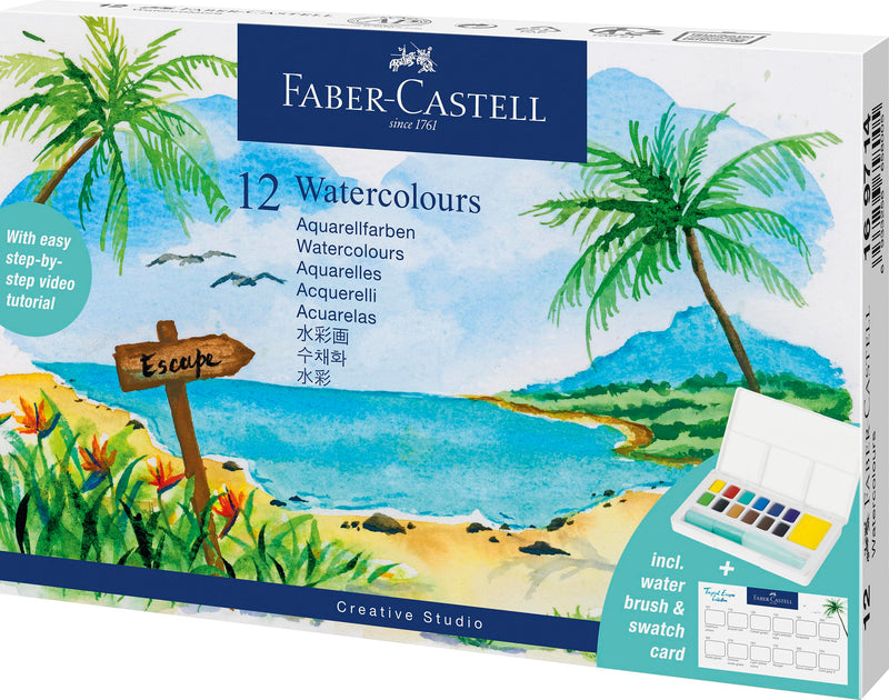Faber-Castell Creative Studio Aquarel 12 Pan Set + Borstel, Tropisch Ontwerp, Kunst, Schilderij, Thuis, Kantoor, Kunststudio, Kunstenaar Benodigdheden, Cadeau, Cadeau