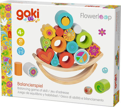 goki Flowerloop 66 56292 Balanceerspel, kleurrijk 21-delig behendigheidsspel van hout met kleurrijke stapel- en balanselementen en steeds nieuwe opbouwmogelijkheden