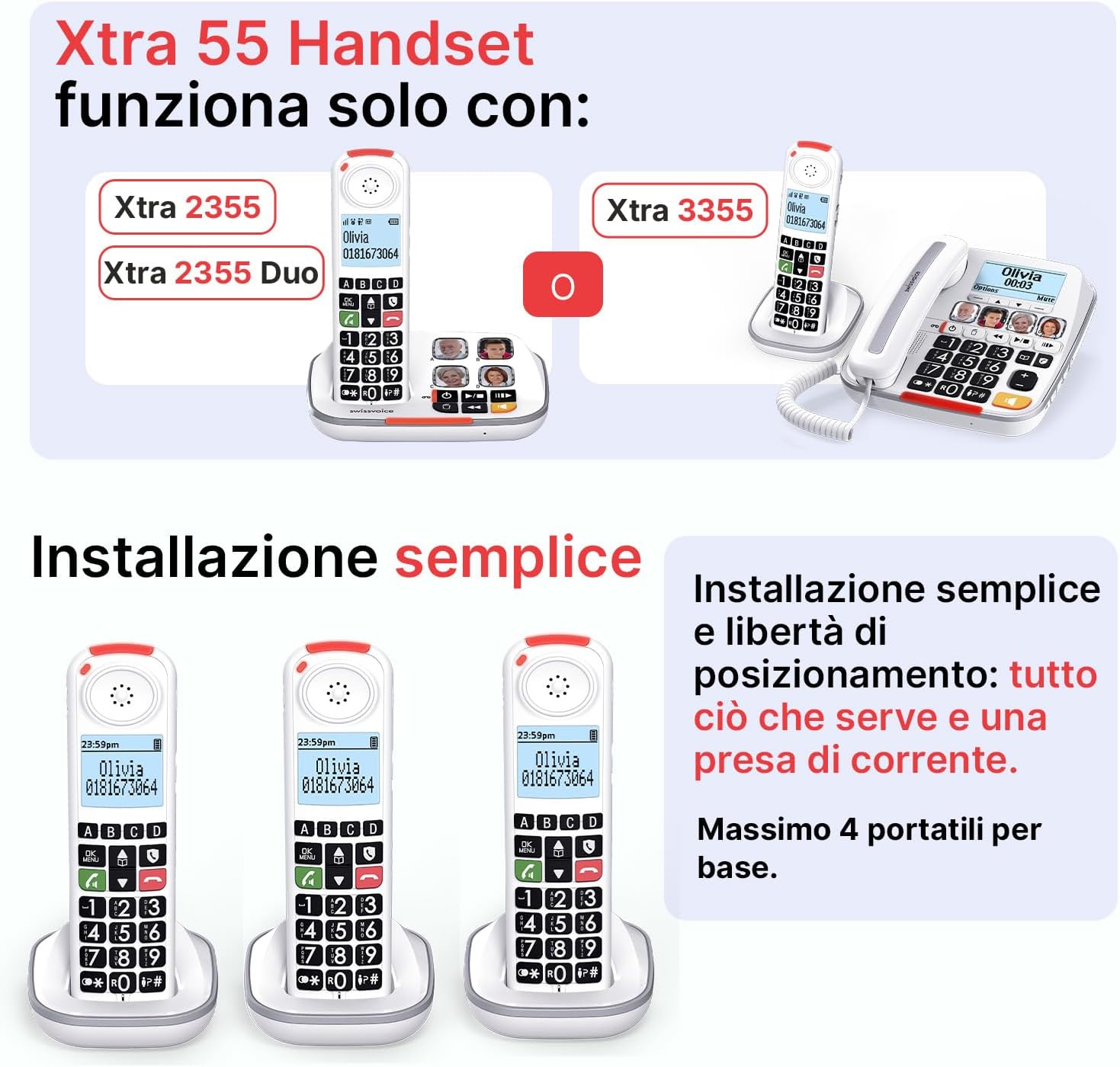 SWISSVOICE - Xtra 55 Handset - Portatile aggiuntivo per telefono cordless - DECT Swissvoice Xtra 2355, Xtra 2355 Duo e Xtra 3355 Combo - Facile da installare - Non funziona da solo con un modem