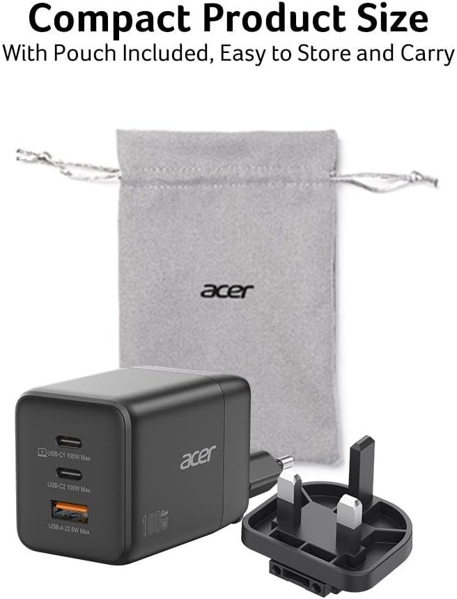 Acer HP.DSCAB.019 Caricabatterie per dispositivi mobili Universale Nero AC Ricarica rapida Interno (ACER GAN CHARGER - USB-C USB-A 100W