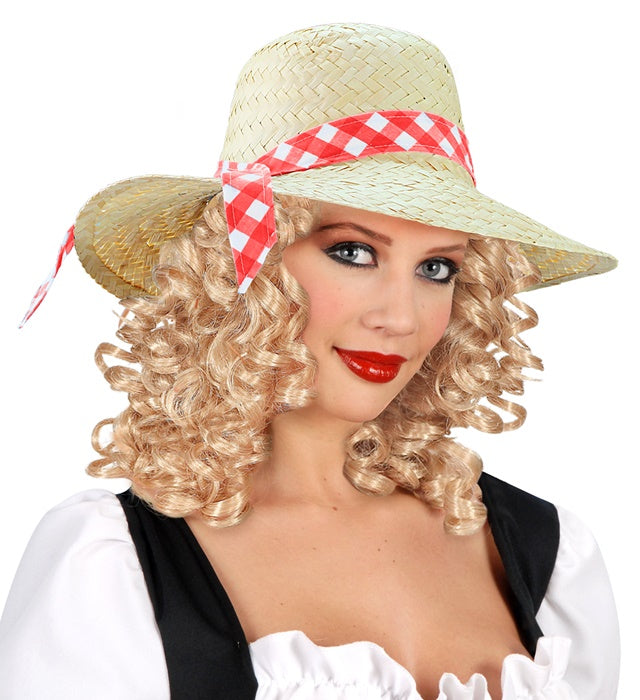Widmann Straw Farmer's Daughter Hat With Blue Ribbon Beige / Skin Color