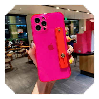Wrist Strap Transparent Soft Phone Case for iphone11 12 13 Pro MAX X XR XS MAX Mini 7 8 6 6s Plus SE2020 Kickstand Bumper Cove-Rose Red-For iphone13Pro MAX
