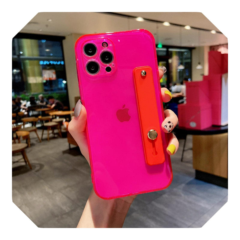 Wrist Strap Transparent Soft Phone Case for iphone11 12 13 Pro MAX X XR XS MAX Mini 7 8 6 6s Plus SE2020 Kickstand Bumper Cove-Rose Red-For iphone13Pro MAX