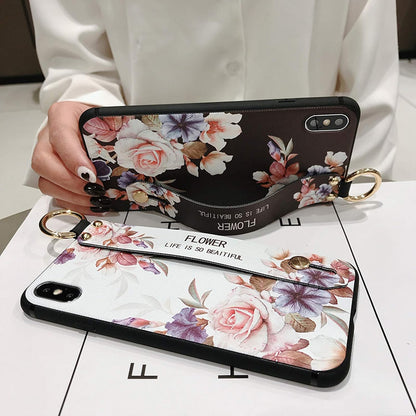 Rose Flower Wrist Strap Phone Case for iPhone 131211 Pro MAXX XR XS MAX 7 86s Plus Cover Handband Case Soft TPU Relief-Style 2-For iphone XS MAX