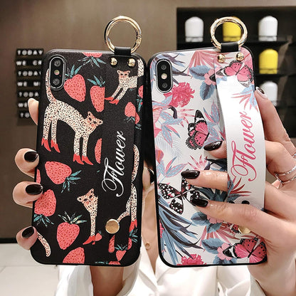 Rose Flower Wrist Strap Phone Case for iPhone 131211 Pro MAXX XR XS MAX 7 86s Plus Cover Handband Case Soft TPU Relief-Style 2-For iphone XS MAX