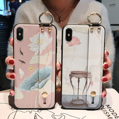 Rose Flower Wrist Strap Phone Case for iPhone 131211 Pro MAXX XR XS MAX 7 86s Plus Cover Handband Case Soft TPU Relief-Style 2-For iphone XS MAX